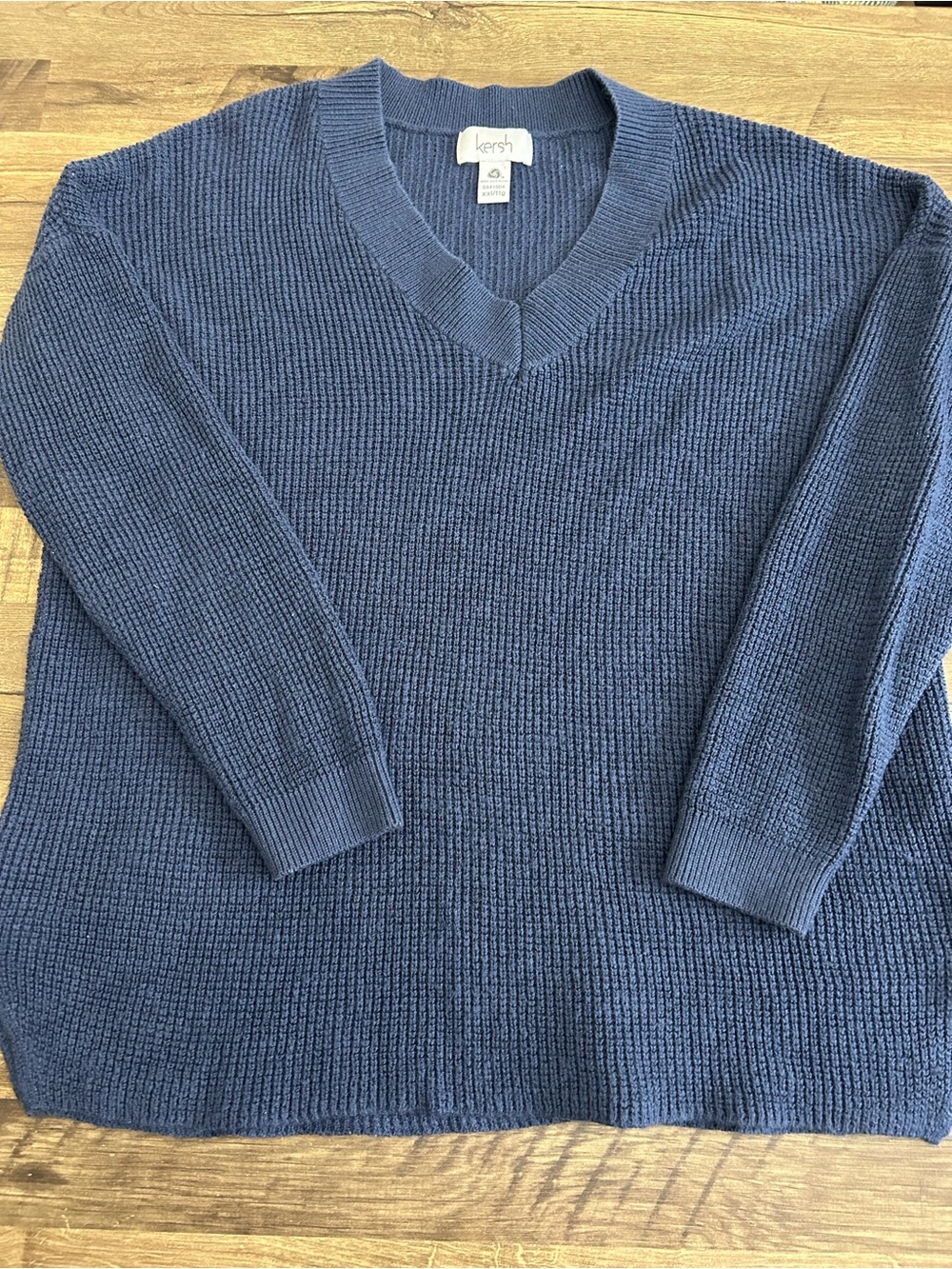 Kersh Blue Merino Wool Blend Waffle Knit V-Neck Sweater Side Slit XXL